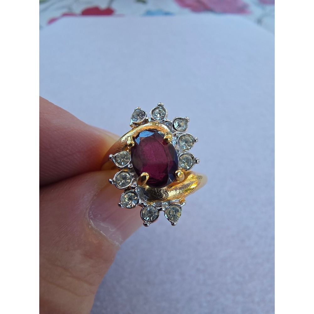 Vintage Gold Tone Faux Ruby and Crystal Bypass Halo Cocktail Ring Size 6